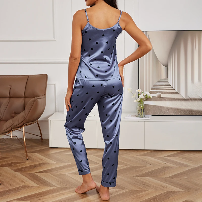 Ladies Heart Print Pajama Set Sexy V Neck Cami Top & Elastic Waistband Pants Pyjama 2 Pieces Women\'s Sleepwear & Loungewear Pjs