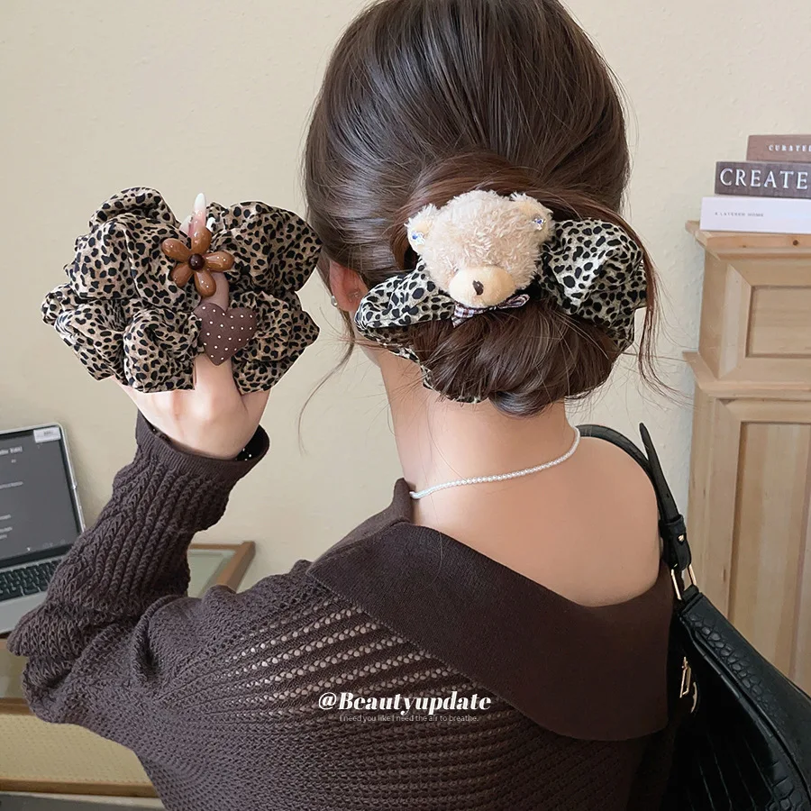 Leopard Print Scrunchies Pack Cute Teddy Bear Heart Decor Elastic Hair Bands Retro French Hair Ring Women Headwear Accessories