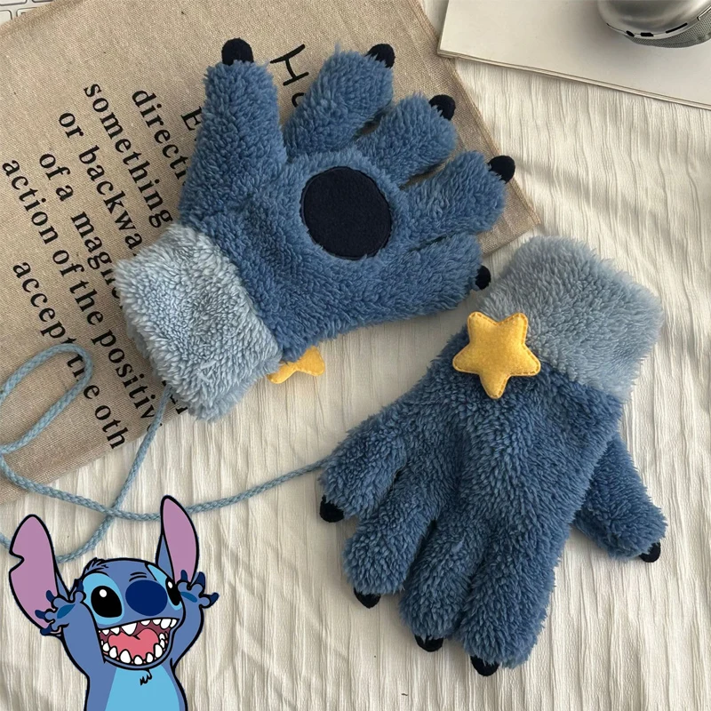 

Disney Cartoon Lilo & Stitch Gloves Stitch Blue Paw Thicken Plush Mittens Winter Warm Gloves Kids Adult Christmas Gift