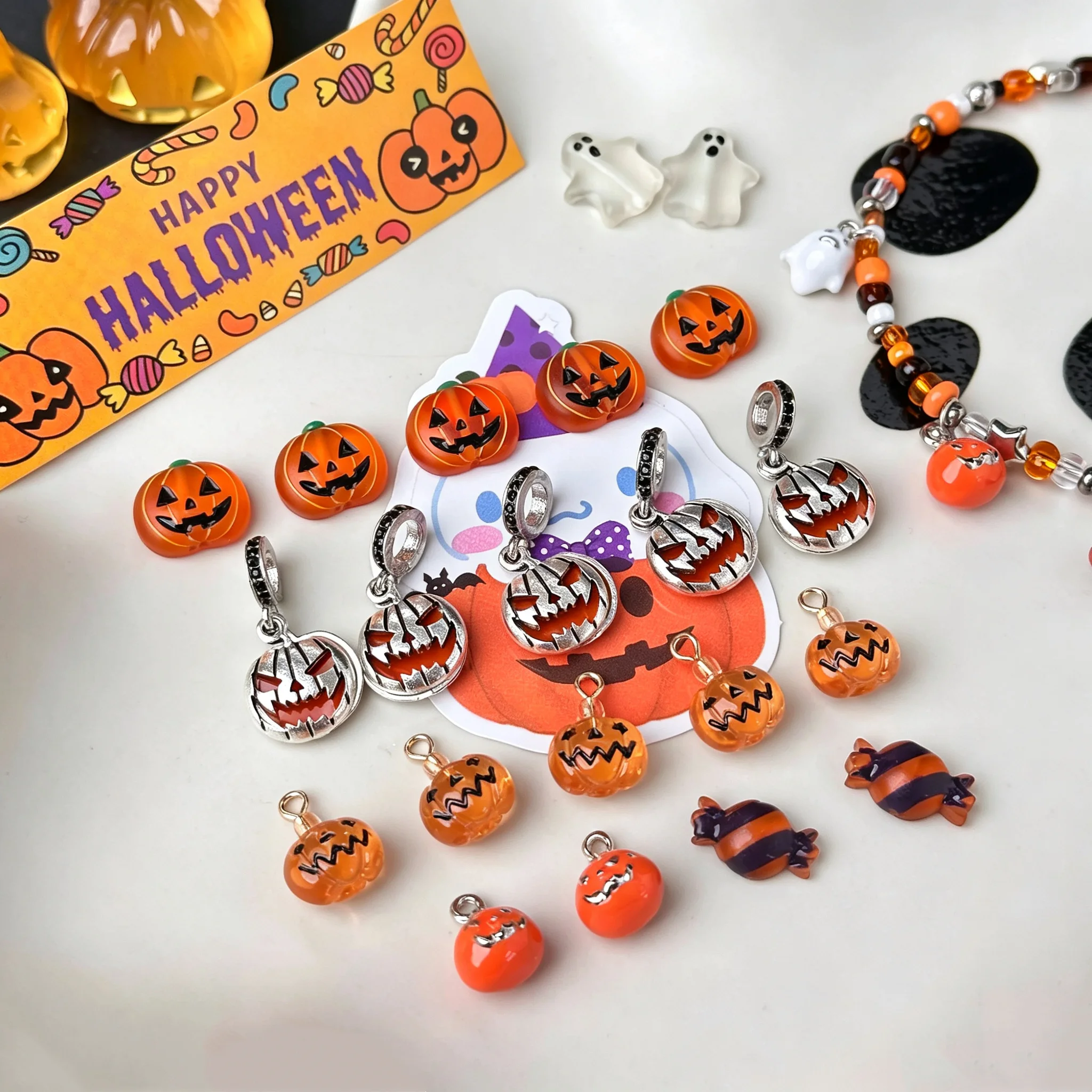 Halloween Pumpkin Ghost Black Cat Charms & Loose Beads, DIY Halloween Ornament Jewelry Making Supplies