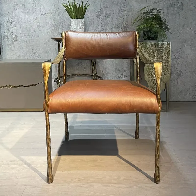 Wabisabi Style Tufted Dining Chair Luxury Leather Leisure Chair with Solid Wrought Iron Forged Frame for Bedroom