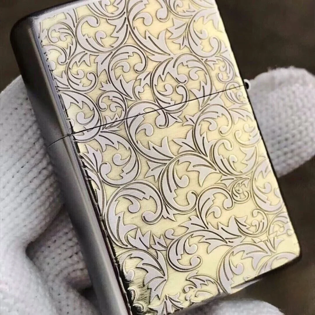 Mechero Zippo Edición Limitada Vintage dorado patrón Floral arte de flores accesorio de colección a prueba de viento en caja