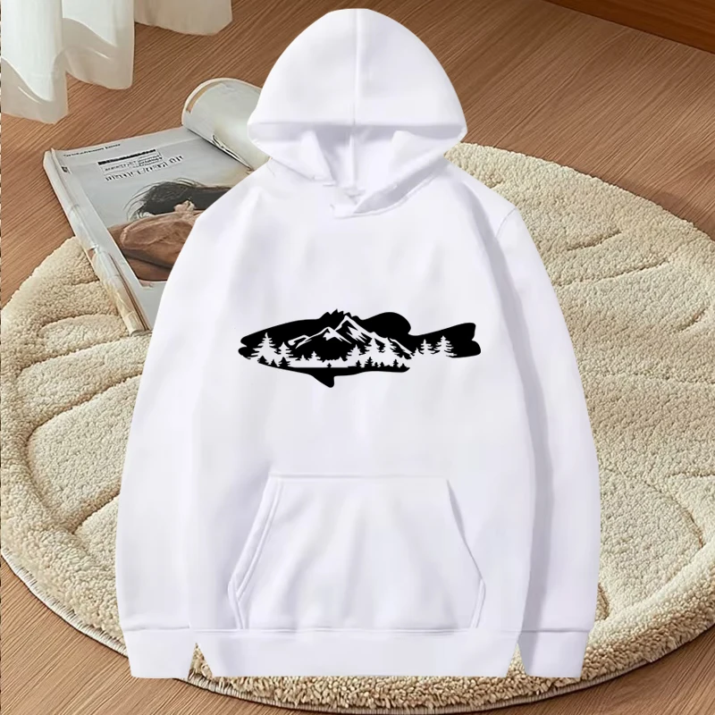 Fishing tee Fish and Forest graphic hoodie men ’s women funny fashion Long sleeve Sweatshirt with print oversized hoodie unisex