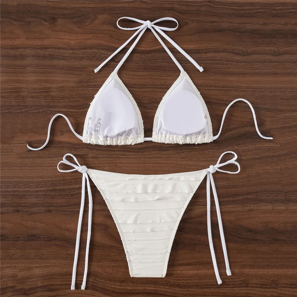 솔리드 화이트 러플 프릴 수영복 섹시 홀터 스트링 트라이앵글 비키니 세트 마이크로  Thong 수영복 여성 2025 비치웨어 비키니