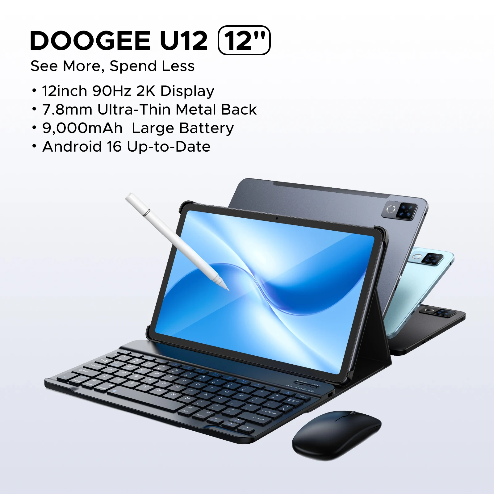 DOOGEE U12 تابلت ذكي أندرويد 16 Gemini Al 12 بوصة FHD + شاشة 6 جيجابايت 128 جيجابايت 9000 مللي أمبير بطارية مكبرات صوت مزدوجة UNISOC T7255 Widevine L1