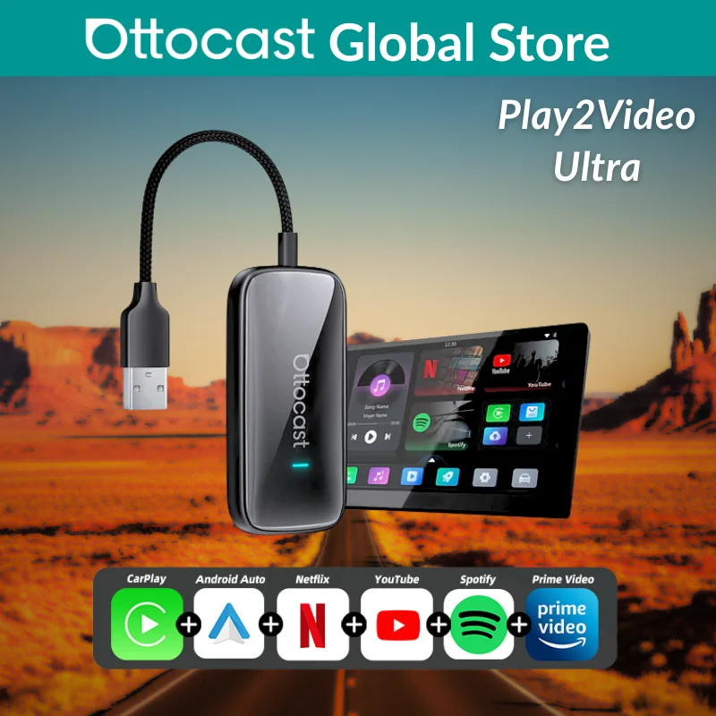 Ottocast Play2Video Ultra WiFi6 AI Box Carplay Adapter Android Auto Media Player YouTube Netflix Dual WiFi Install Apps for Audi