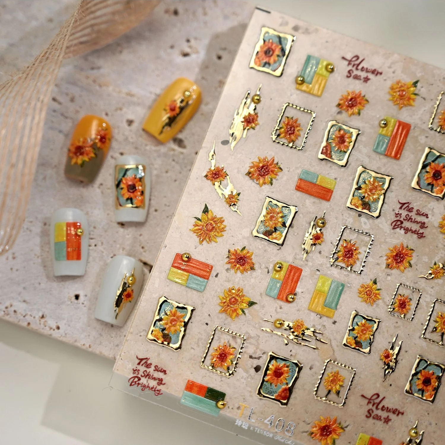 Ölgemälde-Nagelkunst-Aufkleber 5D Retro Geprägte Sonnenblumen-Stempel Blühende Blumen Selbstklebende Nagelkunst-Abziehbilder Maniküre-Dekoration
