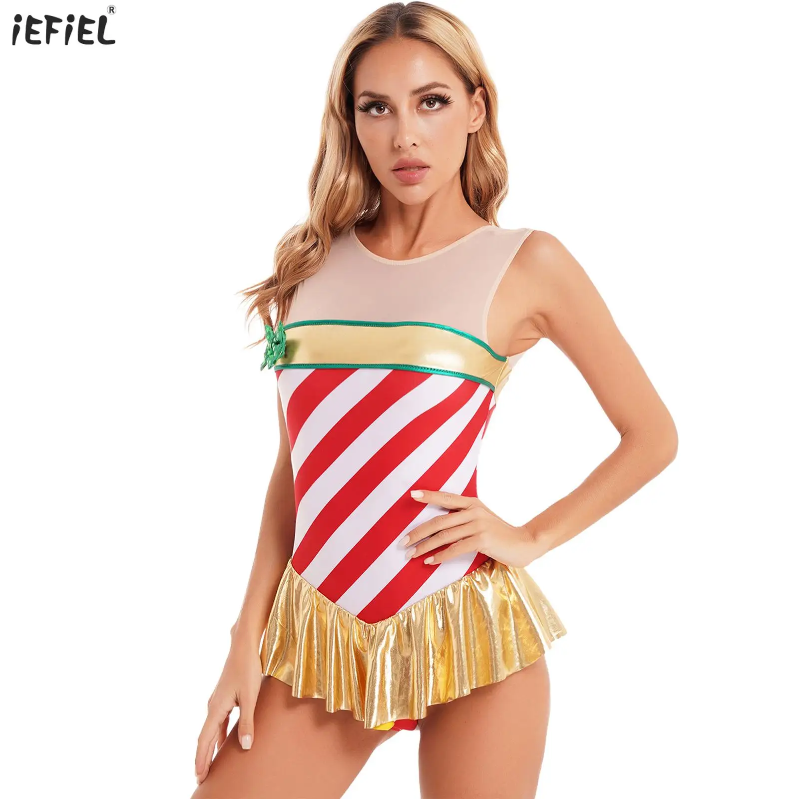 

Women Christmas Santa Claus Costume Striped Candy Cane Dance Dress Sequin Mesh Sleeveless Ruffled Leotard Dress Xmas Dancewear