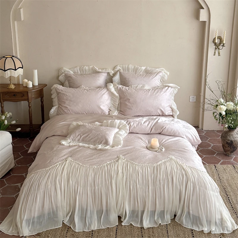 Vintage Jacquard Lyocell Cotton Lace Ruffles Princess Wedding Bedding Set Duvet Cover Flat/Fitted Bed Sheet Pillowcases 4Pcs