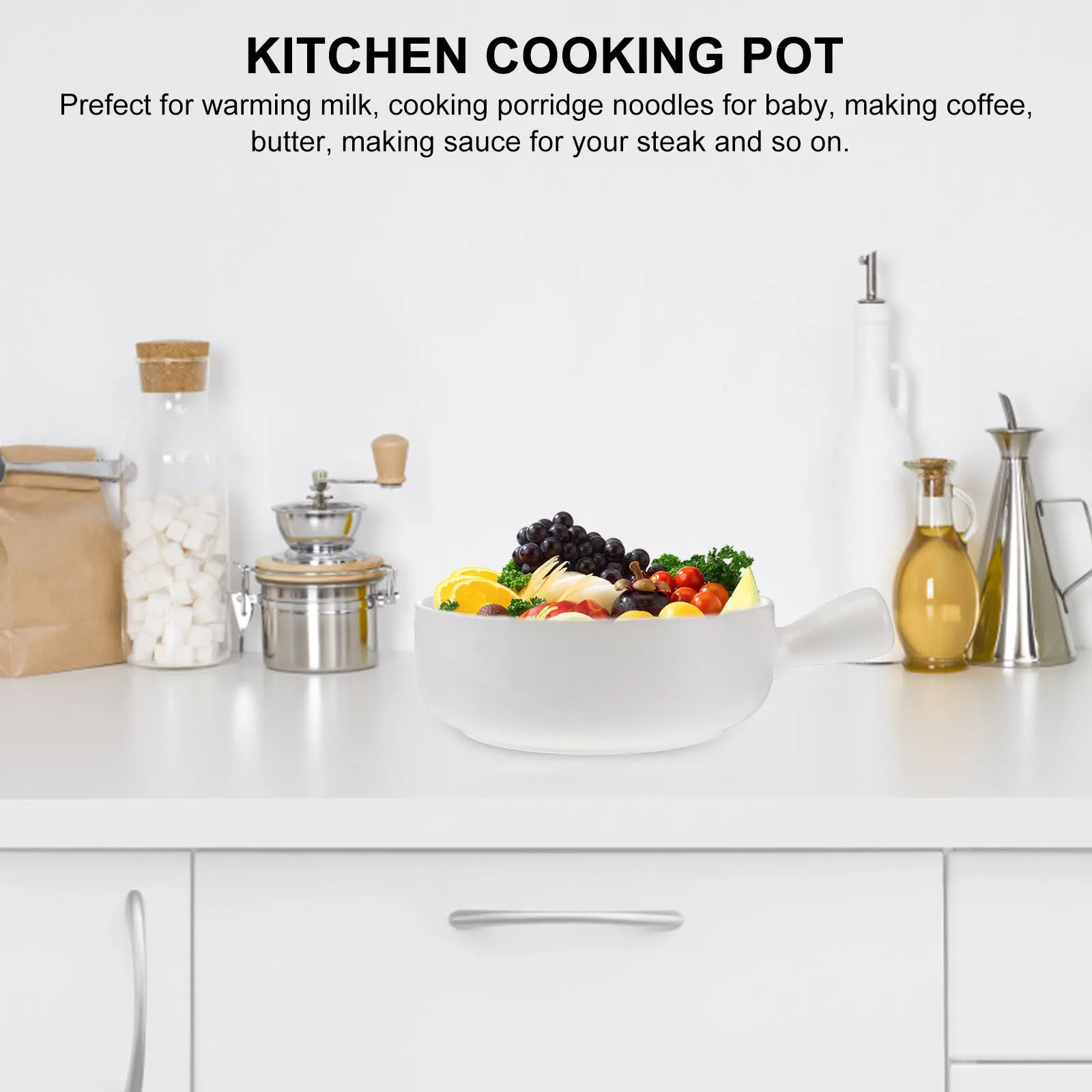 

Ceramic Salad Bowl White Exquisite Workmanship Insulated Handle Kitchen Cooking Pot for Heating Milk Porridge Sauce Soup Noodle