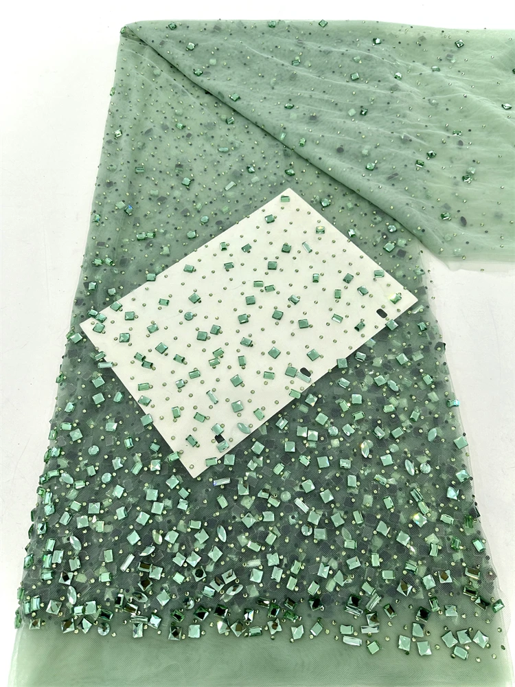 New Design Heavy Stones Nigerian Lace Fabrics African Tulle Net Lace Luxury Crystal Stones Beads Fabrics For Wedding 5 Yards Shi