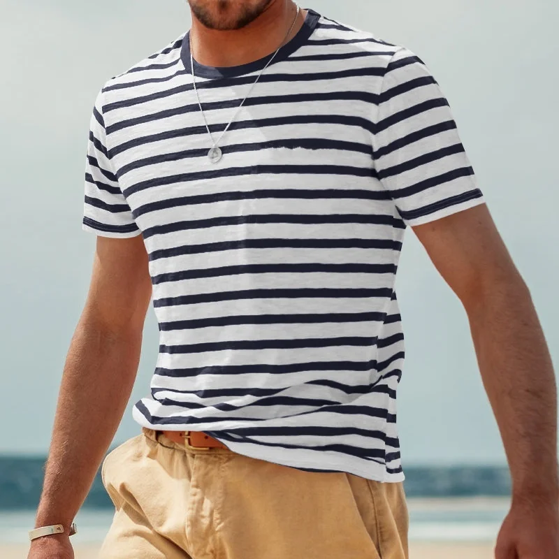

2025Spring and Summer European and American Men's New Striped Short SleeveTT-shirt Trendy Casual Sports All-Matching TopT-shirt