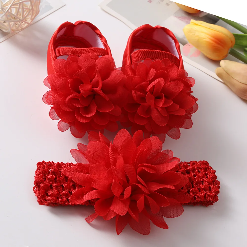 Spring Infant Baby Girl Shoes Newborn Lace Flowers Headband Anti-Slip Soft Sole First Walkers Toddler Kids Cotton Baptism Shoes