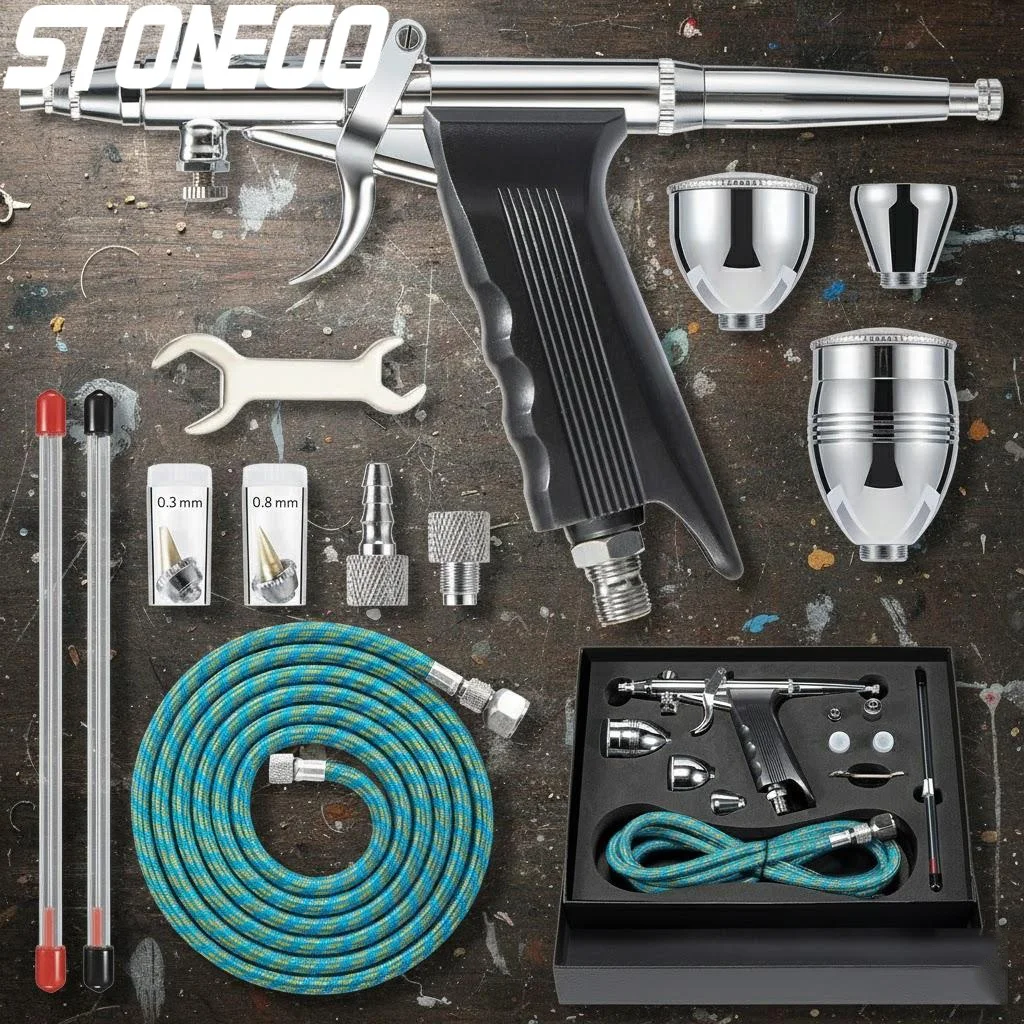 

Airbrush Kit Double Action Airbrush Gun 03mm 05mm 08mm Needles 25cc 13cc Paint Cups Perfect for Nail Art Cake Decoration Tattoo