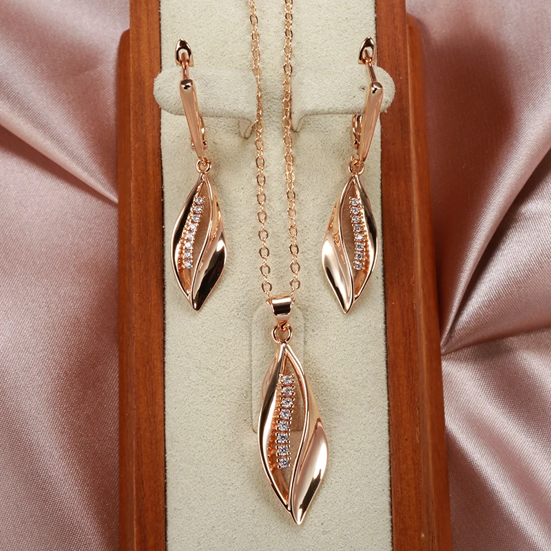 SYOUJYO 585 Rose Gold Color Long Leaf Drop Earrings For Women Natural Zircon Elegant Wedding Jewelry Trendy English Earring