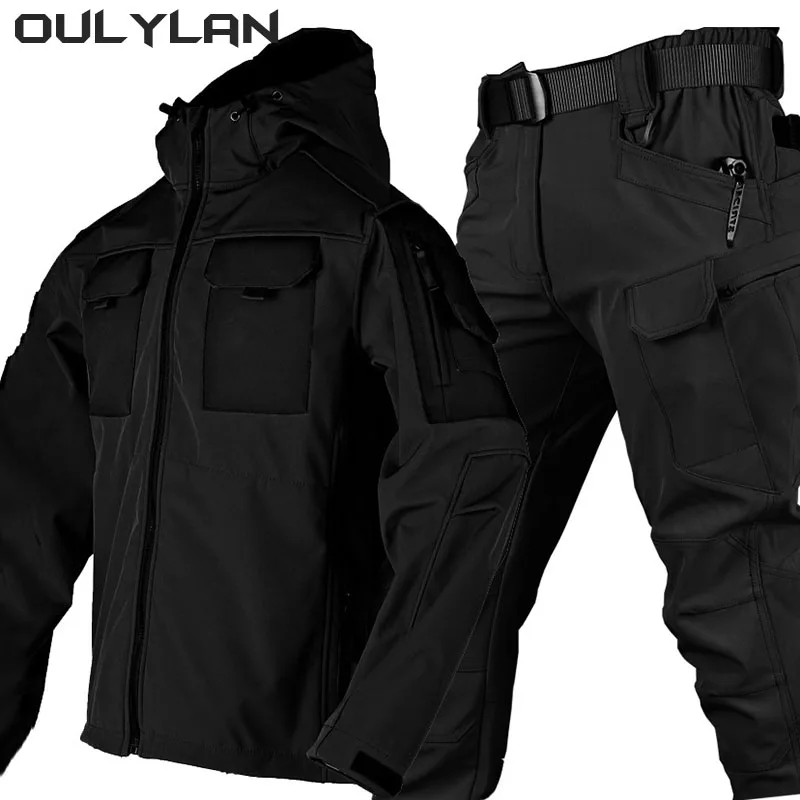 Oulylan Men's Tactical Sets Shark Skin Suit Soft Shell Windproof Waterproof Jackets Warm Cargo Pants Uniform