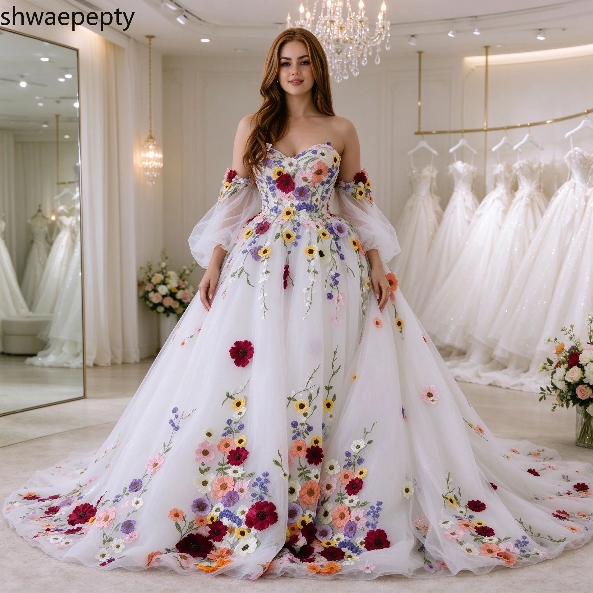 Colorful 3D Floral Lace Wedding Dress Sweetheart Off Shoulder Puff Long Sleeve Tulle A Line Bridal Gown Back Lace-Up Customized
