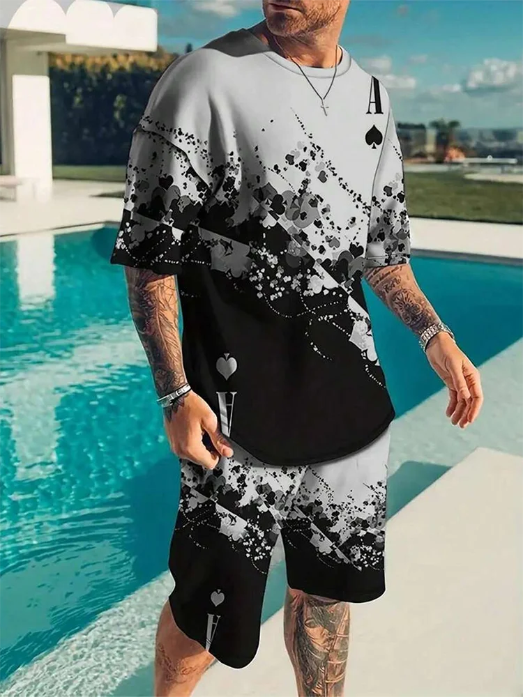 A Of Spades Printed Men\'s T-shirt And Shorts Set Summer Casual Everyday Men\'s Short Sleeve Top Street Style Men\'s Sports Shorts