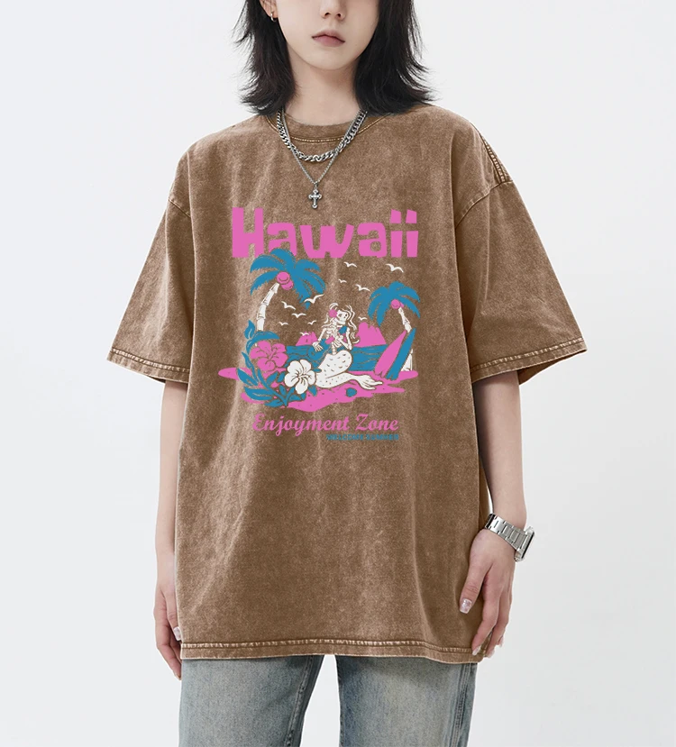

Hawaii Enjoy Zone Pattern Snow Wash T-Shirts Female Comfortable Trendy T Shirt Crewneck Casual Clothes Cotton Tops Women
