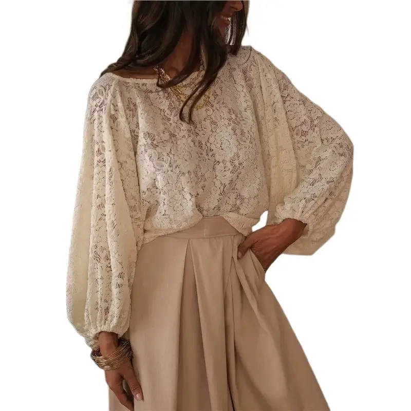 NEW-Women's V Neck Twist Front Lace Lantern Sleeve Cropped Top