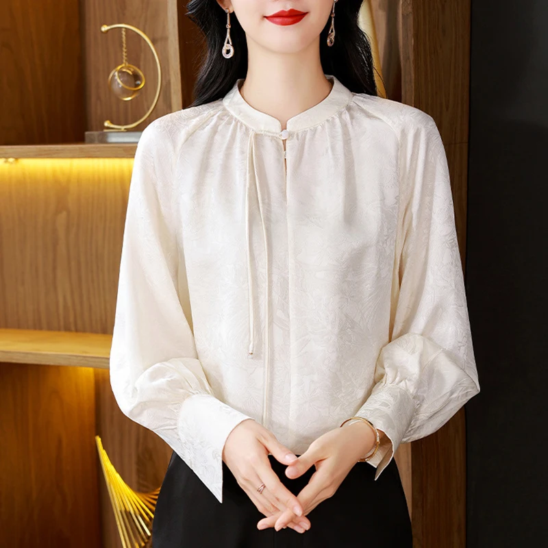 

Chinese Style Vintage Shirts and Blouses for Women 100% Real Silk Women's Elegant Blouse Loose Tops Woman White Black Shirt