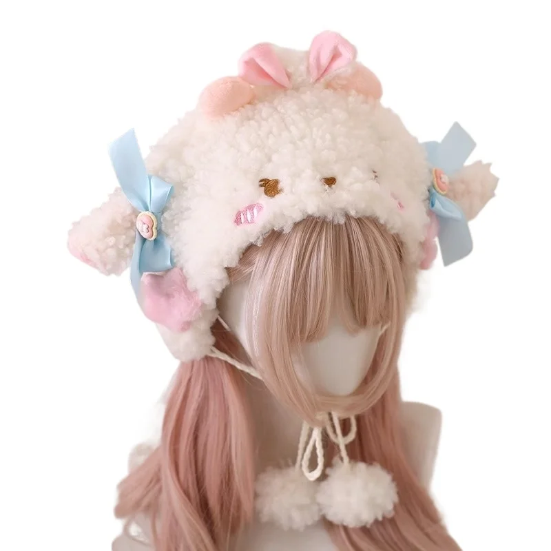 Japan Korea Lovely Cap Versatile Lolita Lamb Fleece Basin Hat Sweet Cute Autumn Winter Lamb Ear Protection Hat Headgear