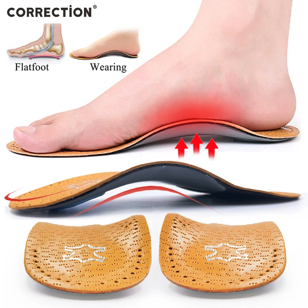 CORRECTION Leather orthopedic insole for Flat Feet Arch Support O/X Leg orthotic shoes sole Insoles for feet men women Children