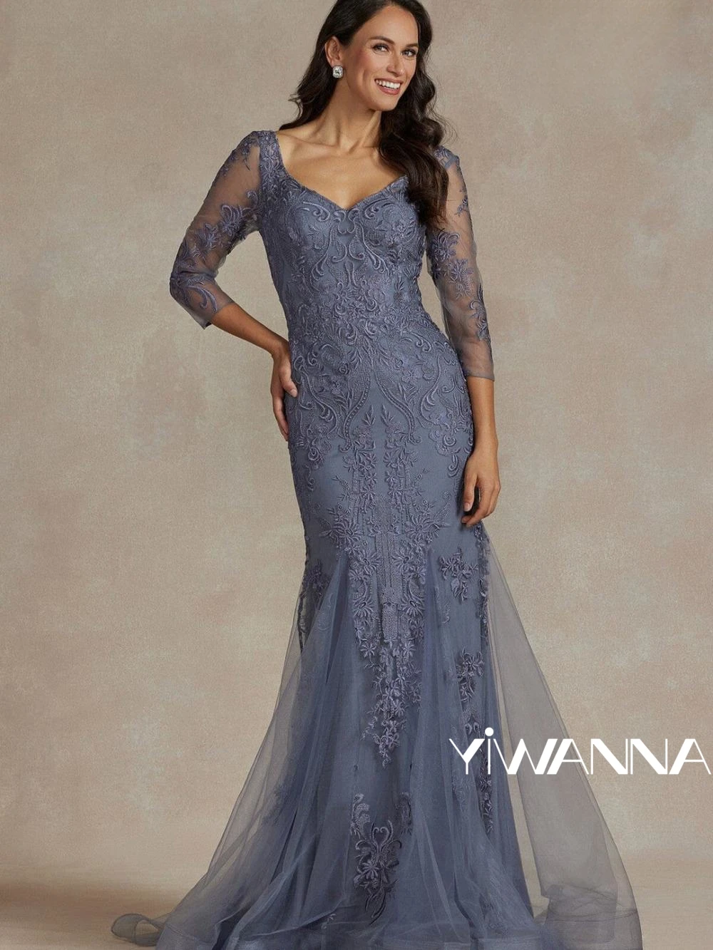 Graceful Mermaid Long Mother Of The Bride Dress Classic Lace Appliques Evening Dress V-neck 3/4 Sleeve Prom Gown Robe De Mariée