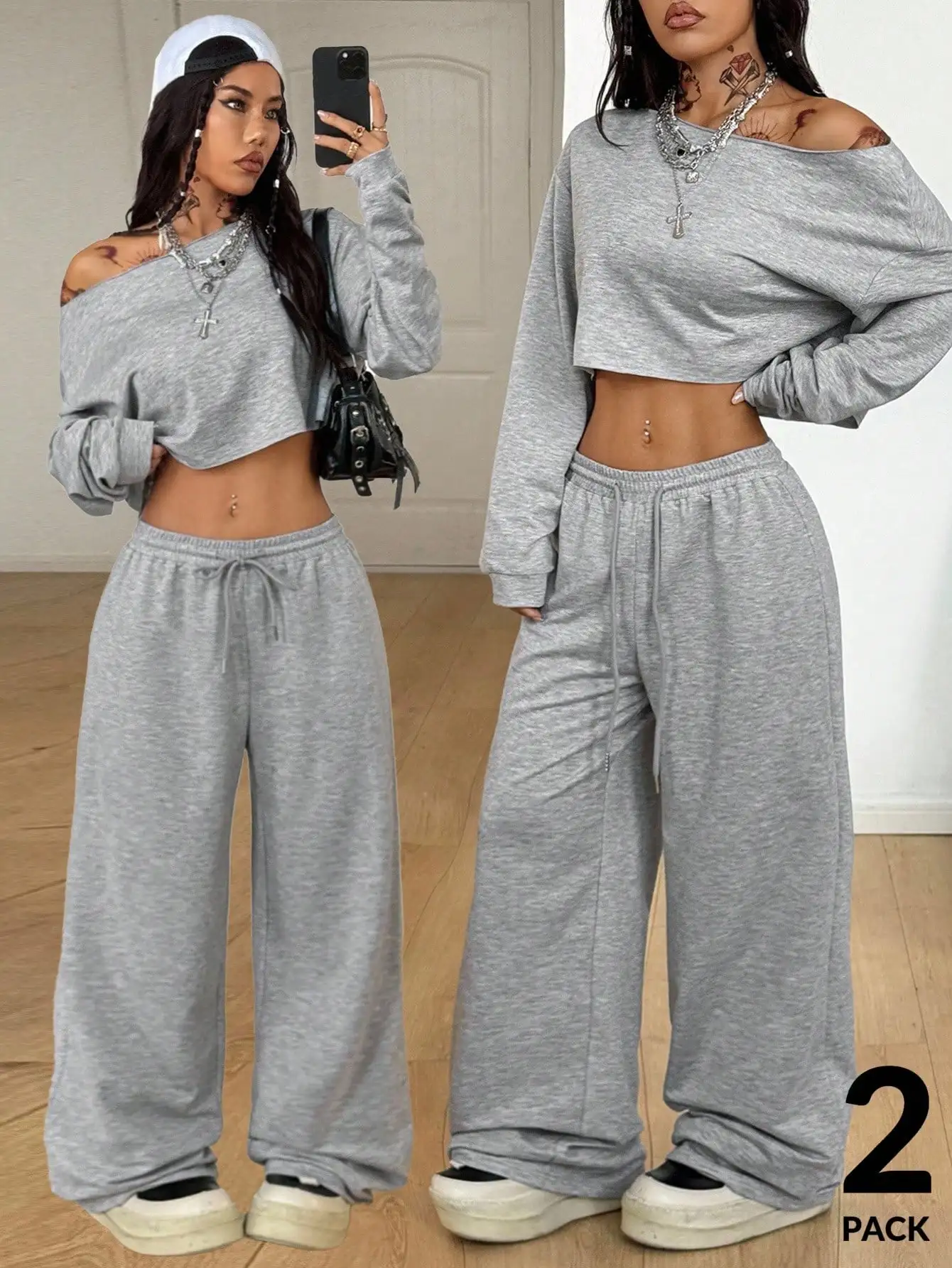 Conjunto de Top Cropped Cinza com Ombros à Mostra e Calças Largas, Moda Casual de Rua