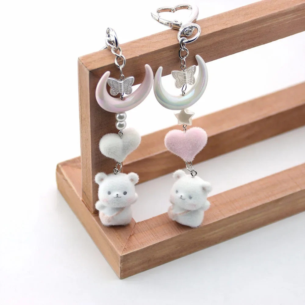 New 3D Flocking Resin Love Keychain Backpack Bear Crescent Moon Pendants for Bags Charms Car Ornaments Making DIY Crafts