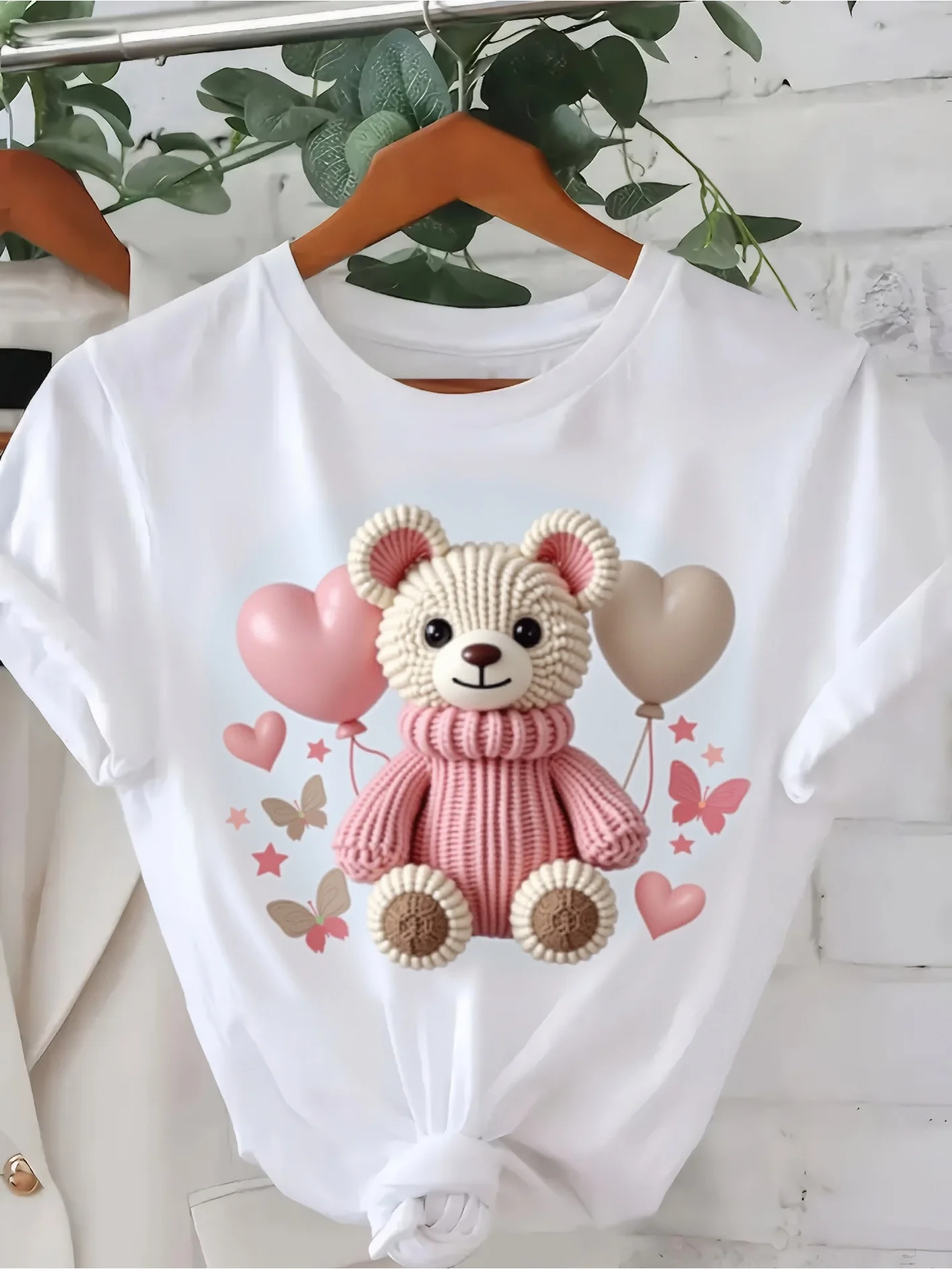 Equipaggio casual a maniche corte stampato ed elastico, adatto per l'uso quotidiano, simpatico orsacchiotto e palloncino da donna