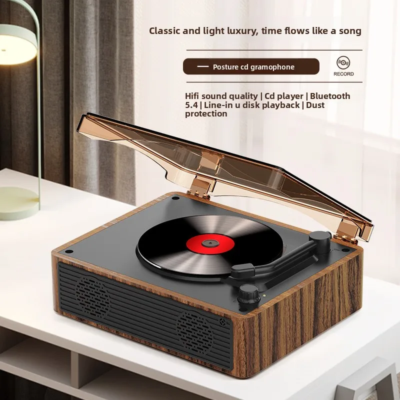 Vintage Wood CD Player with Bluetooth 5.4 Hifi Sound Retro Turntable Style for Home Decor