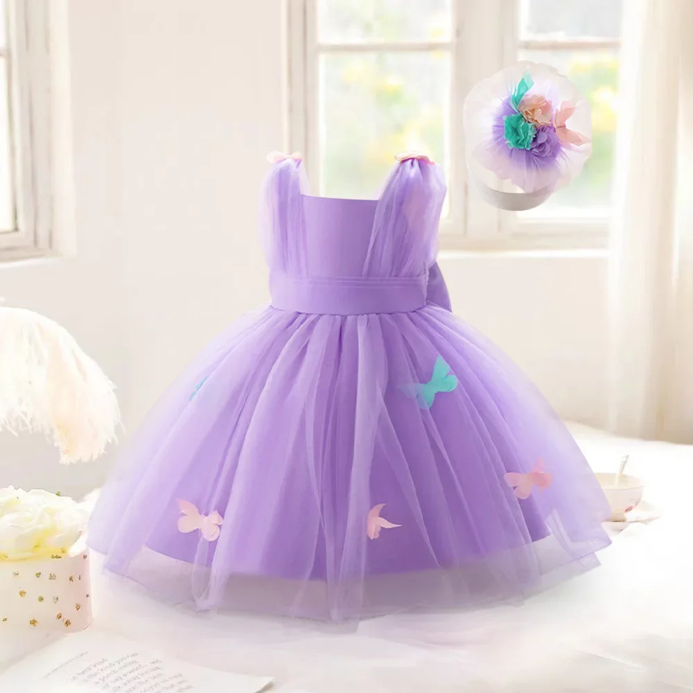 Baby Girl Butterfly Tutu Dress  Girl Dresses Purple Tulle Colorful  With Bow For Wedding Party 1st Birthday Holy Communion Gowns