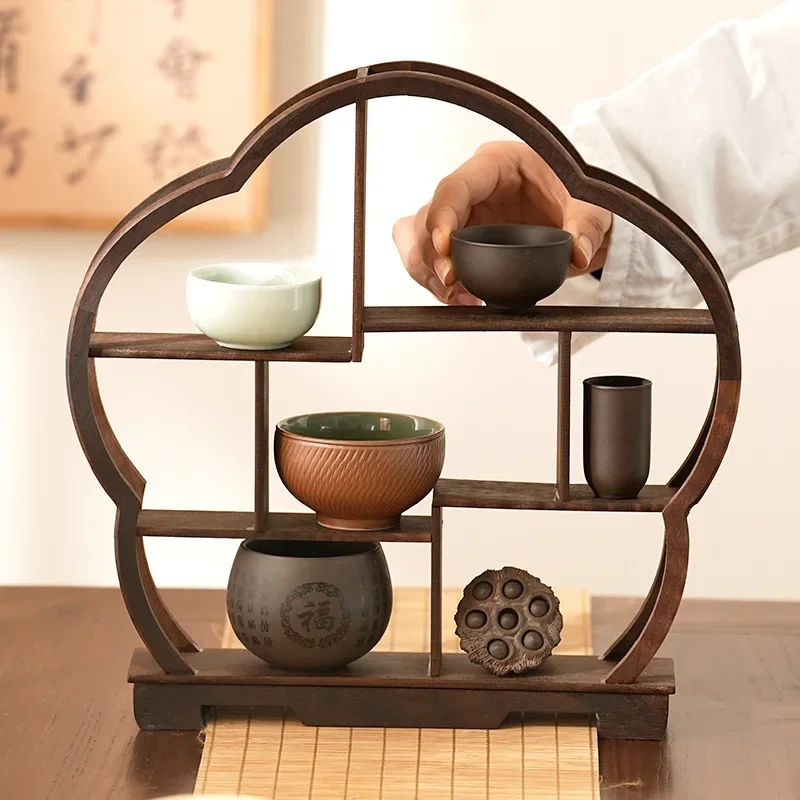 Small Desktop Storage Rack Solid Wood Ornaments Tea Set Tea Rack Duobao Pavilion Purple Sand Teapot Display Rack