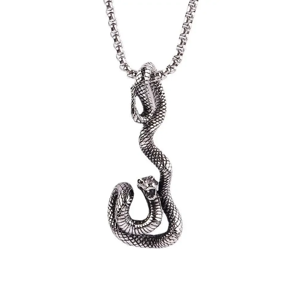 CHUANGCHENG Men's Vintage Zodiac Serpent Snake Pendant Stainless Steel Men Necklace Chain