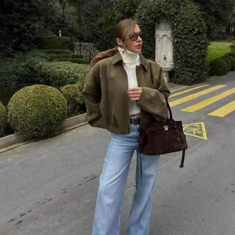

Fashion Women Green Suede Jacket 2025 New Spring Lapel Long Sleeve Zipper Oversize Bomber Coat Chic Female High Street Outerwear