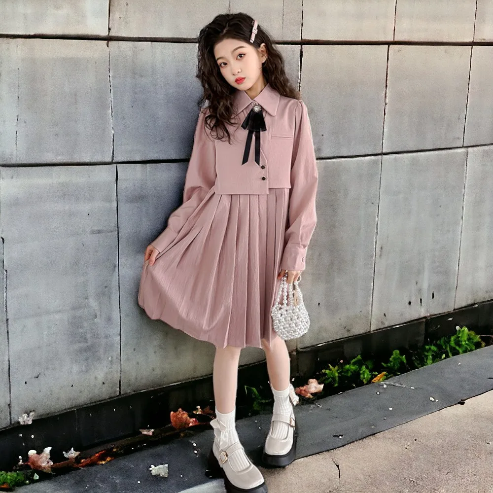 Baby Kids School Outfits Girls Pink Dress Kids Party Dresses Spring Autumn Long Sleeve Children\'s Clothing 7 6 8 10 12 13 Years