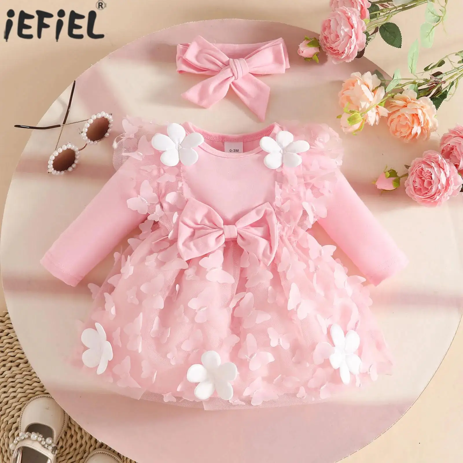 

Детское платье с цветочным узором для девочек, тюлевые платья-пачки с длинными рукавами и цветочным бантом, платья принцессы с повязкой на голову для свадьбы, дня рождения, фотографии