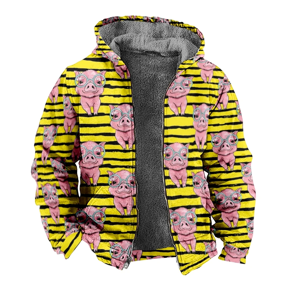 

Autumn Winter Fleece Hoodies Black Yellow Stripes Cute Piggy Digital Print Men Parka Coat Jackets Outerwear Sweatshirts Street