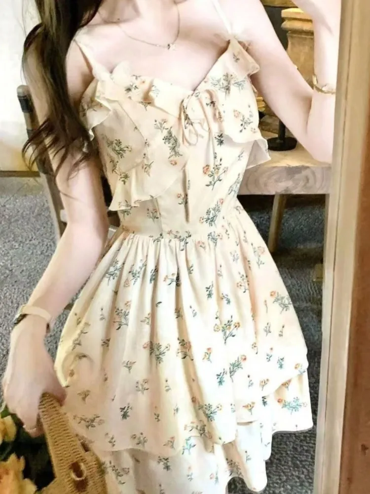 

2025 Sweet Floral Gentle Mini Dress Women Kawaii Slim Fit V-Neck Short Dress Fashion Elegant A-Line Dresses New Spring Summer