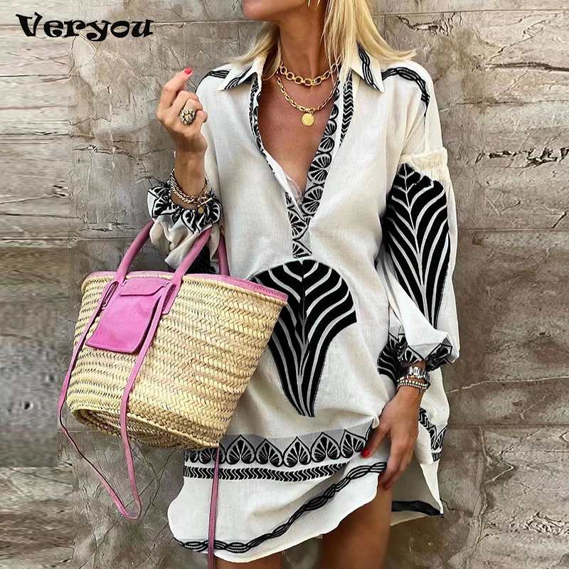 

2023 New Sexy Holiday Dress Women V Neck Long Sleeve Print Mini Dresses For Women Elegant Loose Beach Party Short Dress Boho