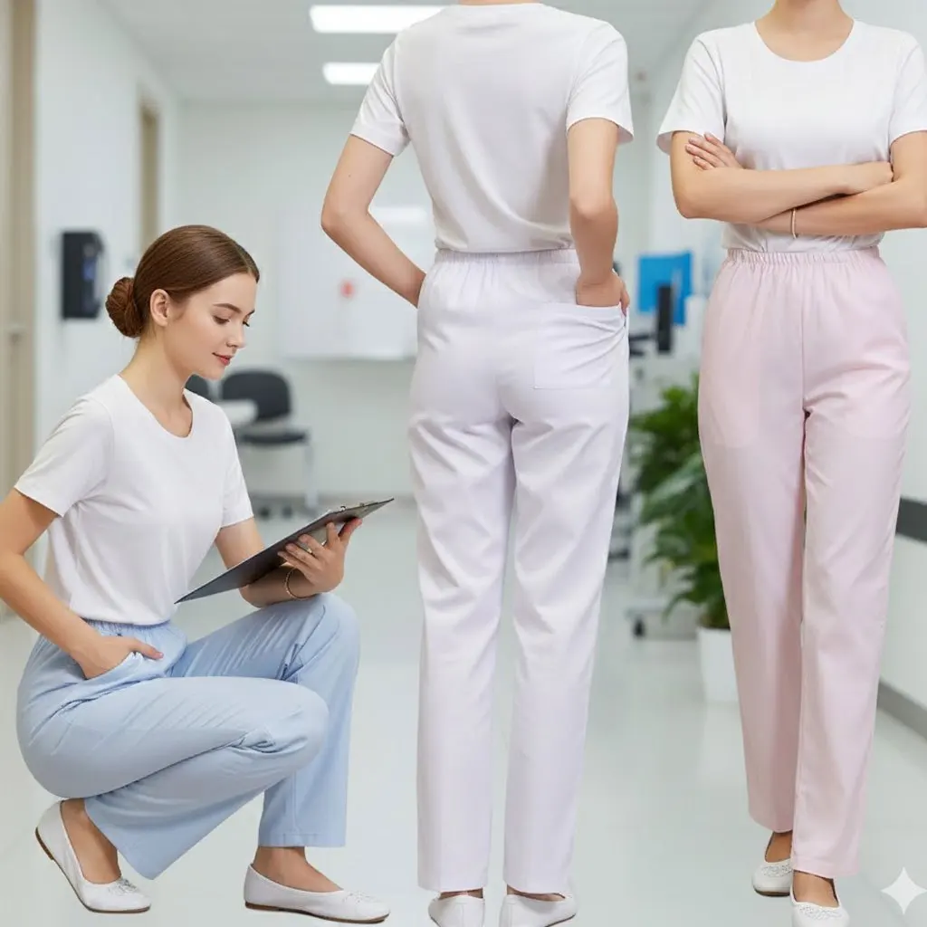 กางเกงสครับผู้หญิงเอวยางยืด - กางเกงพยาบาลแบบมีกระเป๋า ไซส์ใหญ่ กางเกงทำงานสำหรับแพทย์