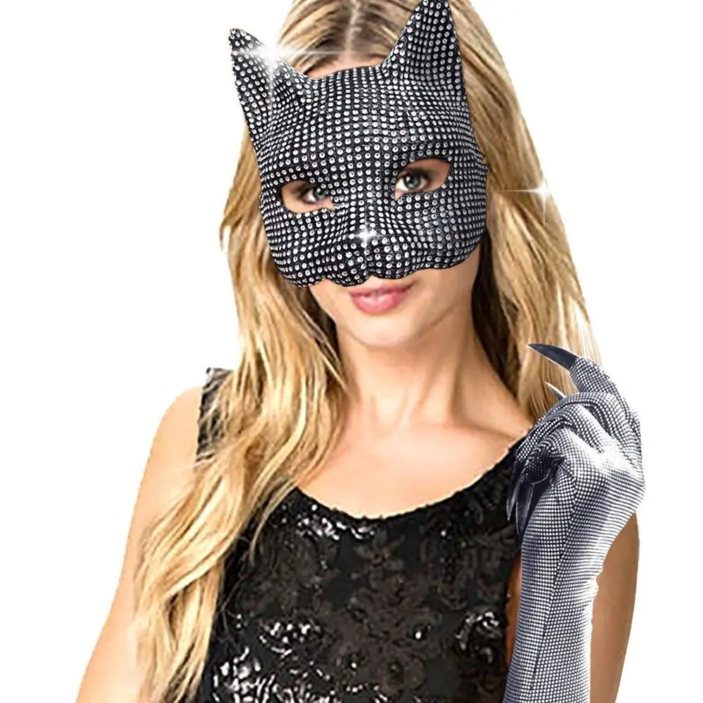 Ensemble de gants et masque demi-visage pour chat et fille, accessoire de Cosplay, strass, masque facial pour femme, Costume de fête d'halloween