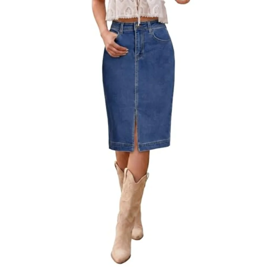 

luvamia Jean Skirts for Women Denim Trendy Summer Casual Stretchy High Waisted Midi Below Knee Pencil Skirt with Slit