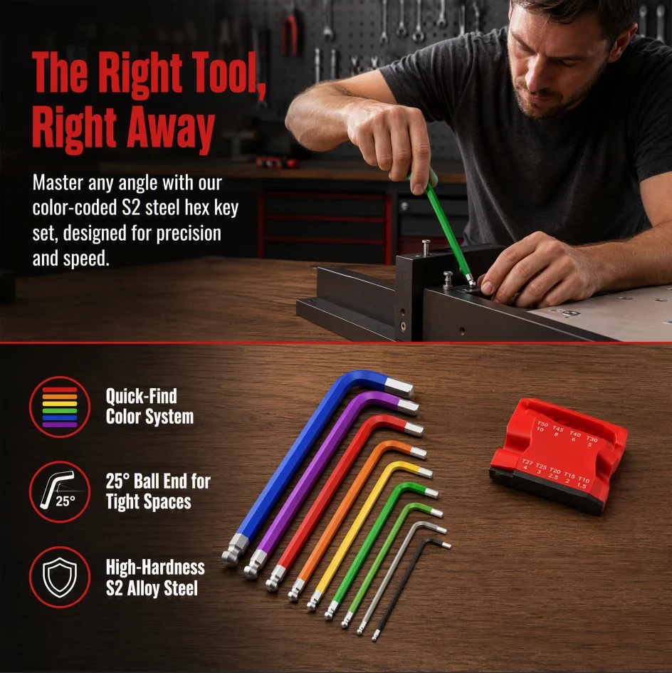 9pcs Industrial Ball End Hex Key Set, Heavy Duty Color Coded Allen Wrenches, for Automotive & Machinery, Torque Wrench