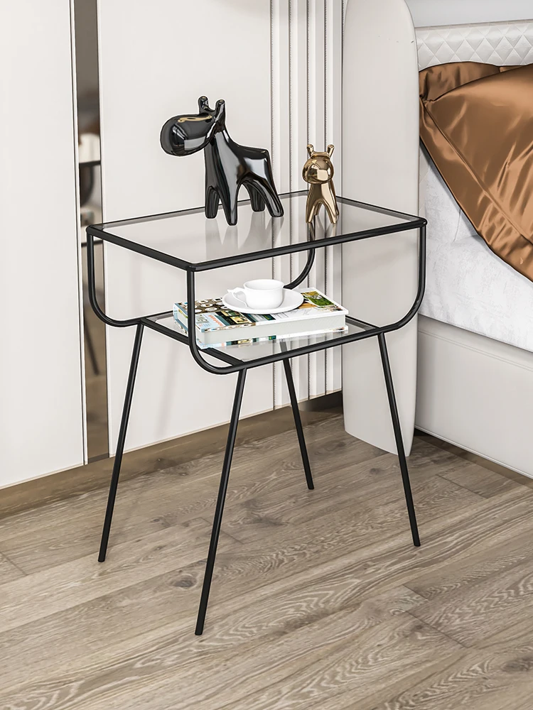 

Nordic Coffee Table Luxury Tempered Glass Service Tables Modern Bedside Table Iron Art Bedroom Simple Bedside Table Side Table