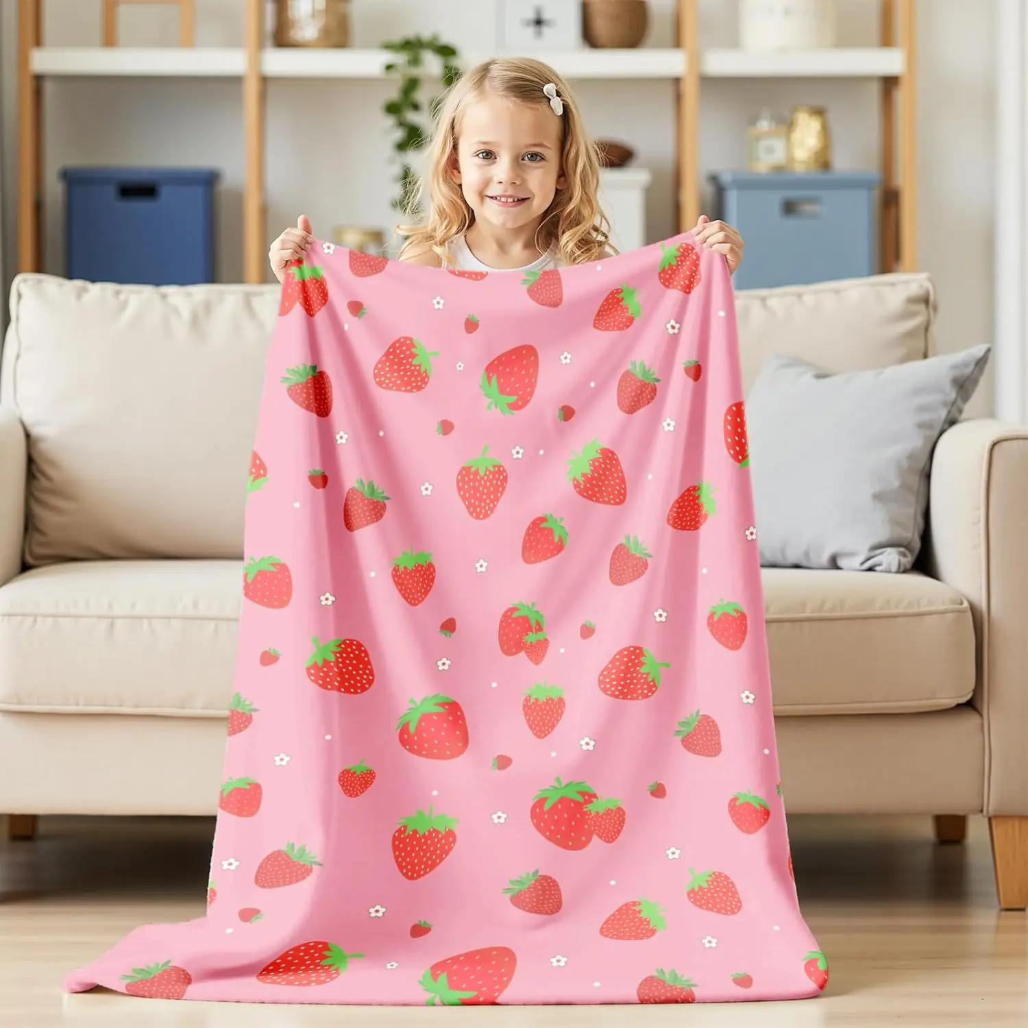 

VIKAMA Children's Pink Strawberry-Patterned Blanket, Suitable For Girls, Teenagers And Women, Soft Plush Flannel Bed Blanket
