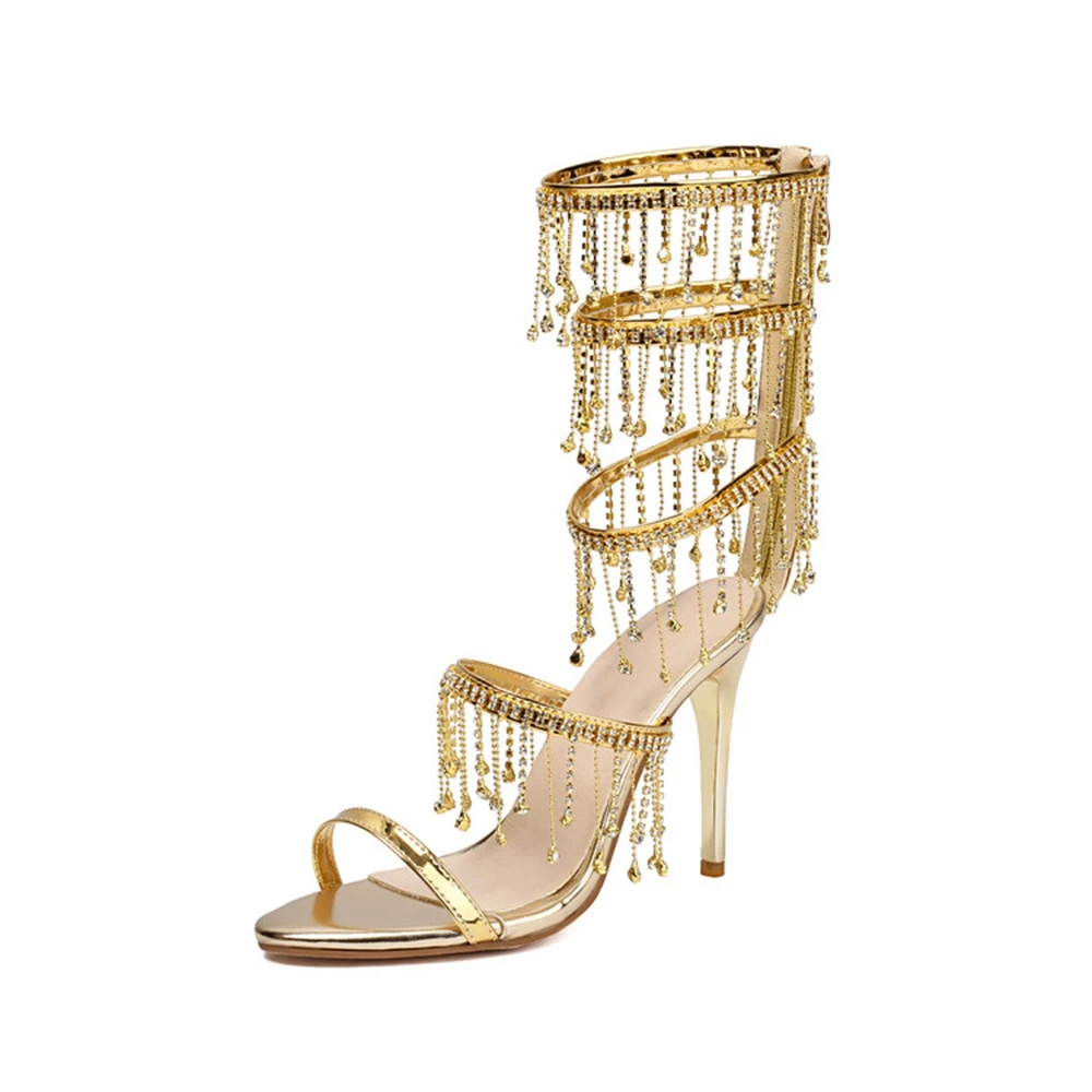 

Women Rhinestone Fringe Ankle Strap High Heel Sandals Gold Silver Gladiator Stiletto Heels Open Toe Party Shoes Plus Size 33-50