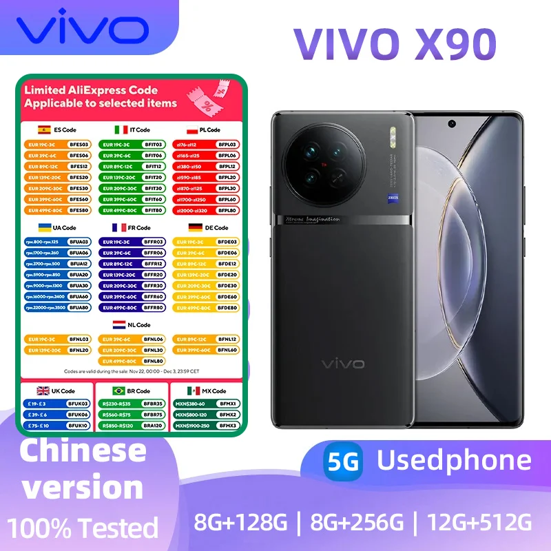 Vivo X90 5g SmartPhone Android  CPU Dimensity 9200 6.78inches Screen  ROM 128GB 120Hz 4810mAh 120W NFC 50MP Camera  used phone