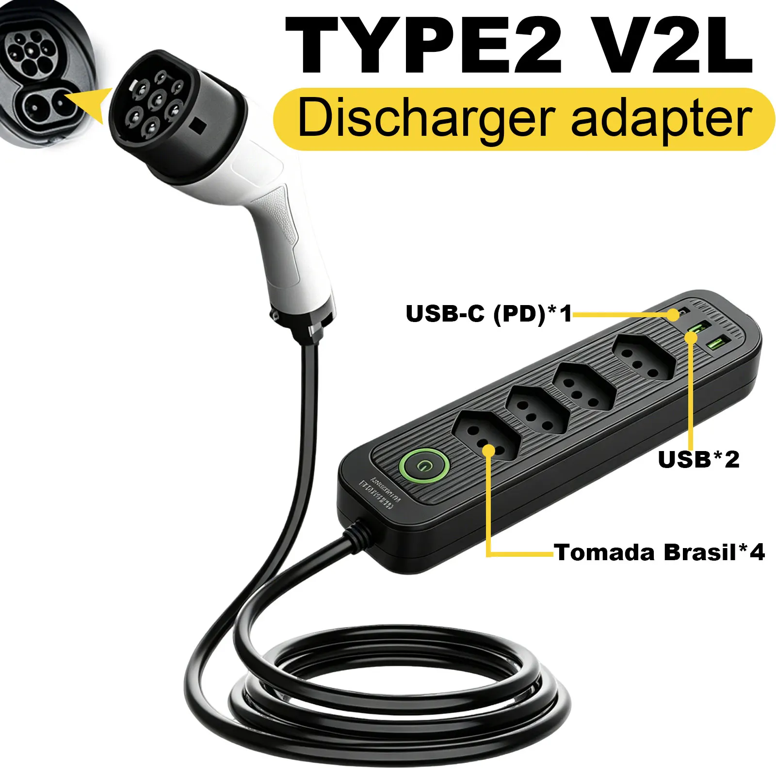 Type2 V2L Discharge Adapter 16A Brazil Socket EV to Outdoor Power Station for BYD MG Jaecoo Geely EX5 Electric Vehicle External